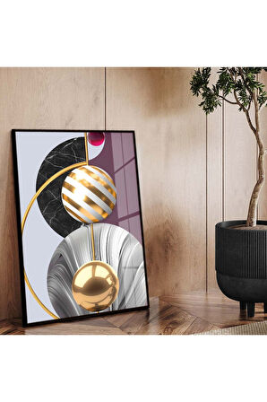 Gold Metal Çerçeveli Geometrik Çizim Soyut Tema Kırılmaz Cam Tablo