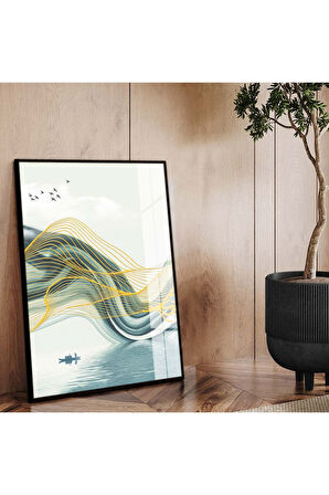 Gold Metal Çerçeveli Modern Çizim Soyut Tema Kırılmaz Cam Tablo