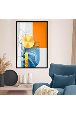 Gold Metal Çerçeveli Geometrik Çizim Soyut Tema Kırılmaz Cam Tablo