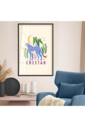 Gold Metal Çerçeveli Kolaj Çizim Çita Figür Tema Kırılmaz Cam Tablo