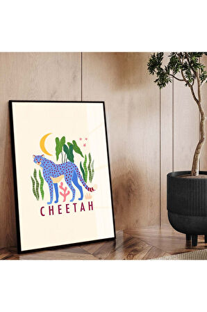 Gold Metal Çerçeveli Kolaj Çizim Çita Figür Tema Kırılmaz Cam Tablo