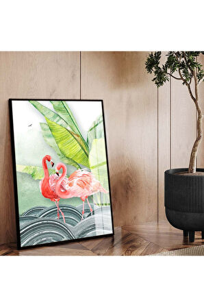 Gümüş Metal Çerçeveli Modern Çizim Flamingo Figür Kırılmaz Cam Tablo