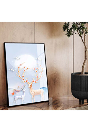 Siyah Metal Çerçeveli Modern Çizim Geyik Figür Tema Kırılmaz Cam Tablo