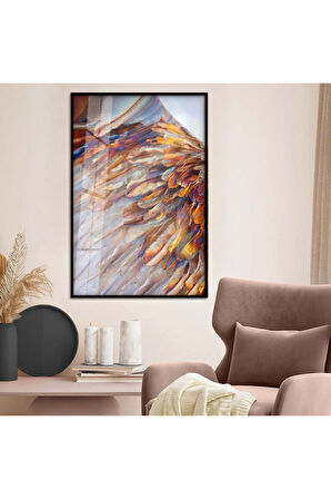 Gold Metal Çerçeveli Renkli Kuş Tüyü Kırılmaz Cam Tablo