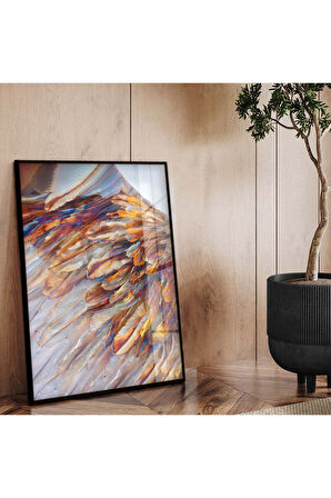 Gold Metal Çerçeveli Renkli Kuş Tüyü Kırılmaz Cam Tablo