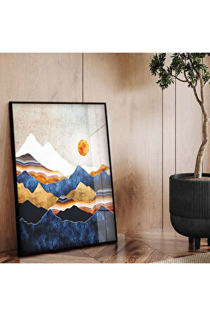 Gold Metal Çerçeveli Kolaj Çizim Soyut Tema Kırılmaz Cam Tablo