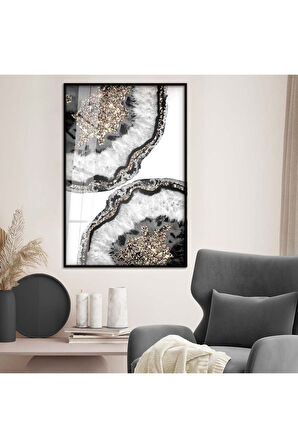 Gold Metal Çerçeveli Soyut Tema Modern Çizim Kırılmaz Cam Tablo