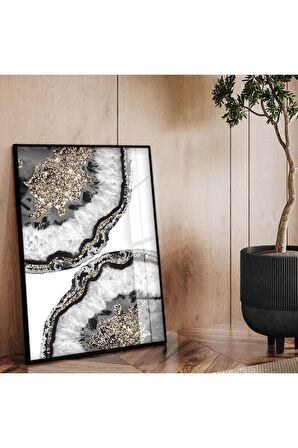 Gold Metal Çerçeveli Soyut Tema Modern Çizim Kırılmaz Cam Tablo