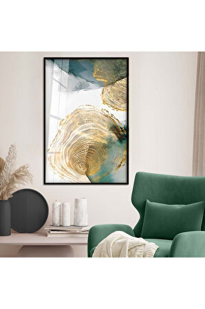 Gold Metal Çerçeveli Soyut Tema Modern Çizim Kırılmaz Cam Tablo