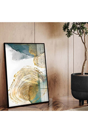 Gold Metal Çerçeveli Soyut Tema Modern Çizim Kırılmaz Cam Tablo