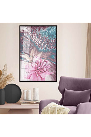 Gold Metal Çerçeveli Çiçek Desen Modern Çizim Kırılmaz Cam Tablo