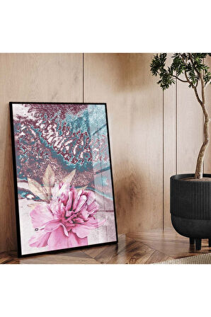 Gold Metal Çerçeveli Çiçek Desen Modern Çizim Kırılmaz Cam Tablo