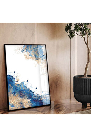 Gold Metal Çerçeveli Soyut Tema Modern Çizim Kırılmaz Cam Tablo