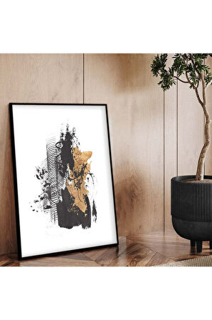 Gümüş Metal Çerçeveli Kolaj Çizim Soyut Tema Kırılmaz Cam Tablo