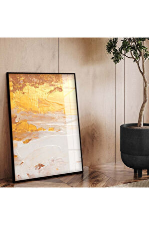 Gold Metal Çerçeveli Soyut Tema Modern Çizim Kırılmaz Cam Tablo
