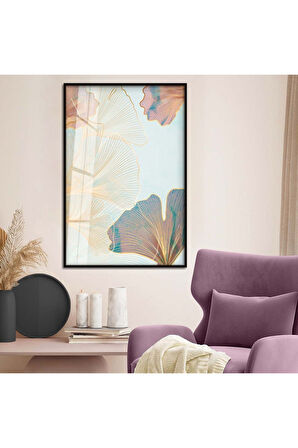 Gold Metal Çerçeveli Kolaj Çizim Çiçek Kırılmaz Cam Tablo