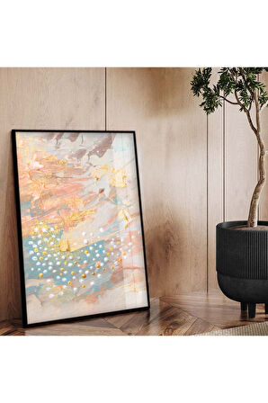 Gold Metal Çerçeveli Soyut Tema Renkli Desen Kırılmaz Cam Tablo