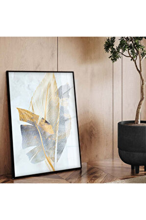Gümüş Metal Çerçeveli Modern Çizim Yaprak Desen Kırılmaz Cam Tablo