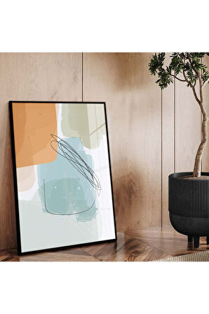 Gold Metal Çerçeveli Kolaj Çizim Soyut Tema Kırılmaz Cam Tablo