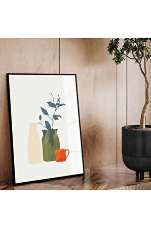 Gümüş Metal Çerçeveli Modern Çizim Vazo Tema Kırılmaz Cam Tablo