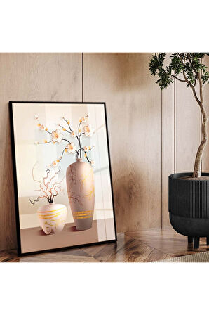 Gümüş Metal Çerçeveli Modern Çizim Vazo Tema Kırılmaz Cam Tablo