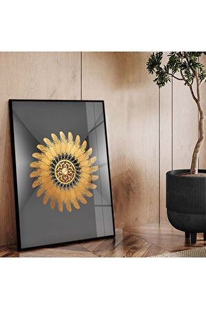 Gold Metal Çerçeveli Kolaj Çizim Modern Tema Kırılmaz Cam Tablo