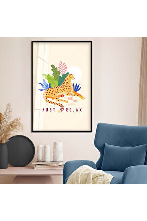 Gold Metal Çerçeveli Kolaj Çizim Çita Figür Tema Kırılmaz Cam Tablo