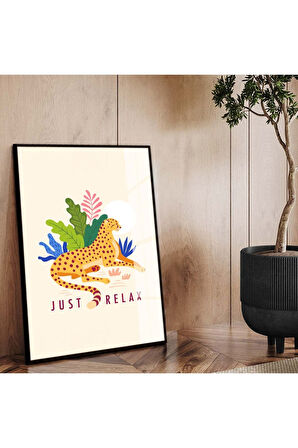 Gold Metal Çerçeveli Kolaj Çizim Çita Figür Tema Kırılmaz Cam Tablo