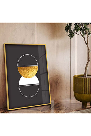 Gold Metal Çerçeveli Geometrik Çizim Soyut Tema Çizim Kırılmaz Cam Tablo