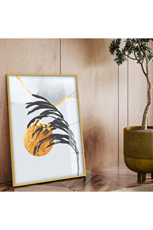 Gold Metal Çerçeveli Kolaj Çizim Yaprak Desen Kırılmaz Cam Tablo