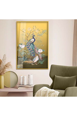 Siyah Metal Çerçeveli Modern Çizim Tavus Kuşu Figür Kırılmaz Cam Tablo