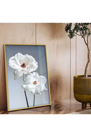 Gold Metal Çerçeveli Beyaz Çiçek Kırılmaz Cam Tablo