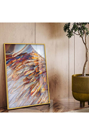 Gold Metal Çerçeveli Renkli Kuş Tüyü Kırılmaz Cam Tablo