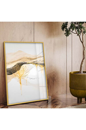 Gümüş Metal Çerçeveli Kolaj Çizim Soyut Tema Kırılmaz Cam Tablo