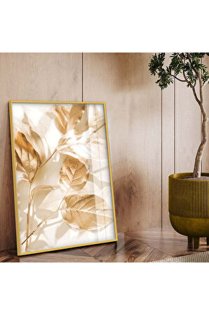 Gümüş Metal Çerçeveli Gold Yaprak Tema Kırılmaz Cam Tablo
