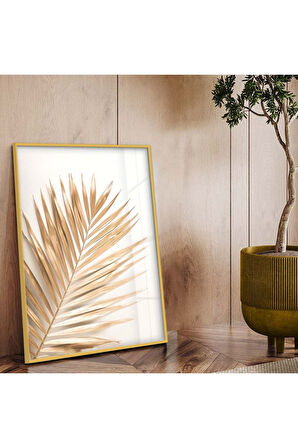 Siyah Metal Çerçeveli Gold Yaprak Desen Kırılmaz Cam Tablo