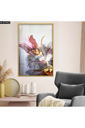 Gümüş Metal Çerçeveli Renkli Çiçek Modern Çizim Kırılmaz Cam Tablo