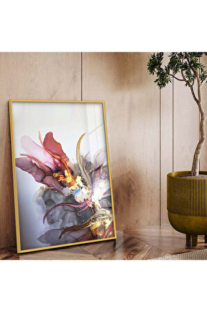 Gümüş Metal Çerçeveli Renkli Çiçek Modern Çizim Kırılmaz Cam Tablo
