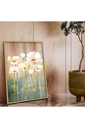 Gold Metal Çerçeveli Beyaz Çiçek Kırılmaz Cam Tablo