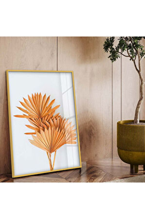 Gold Metal Çerçeveli Modern Çizim Renkli Yaprak Kırılmaz Cam Tablo