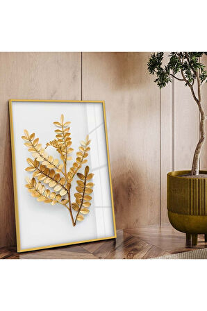 Gold Metal Çerçeveli Yaprak Desen Kırılmaz Cam Tablo