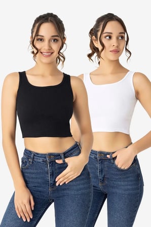 Basic Kombin Günlük Kadın Pamuklu Kaşkorse Bisiklet Yaka Kalın Askılı Crop Beyaz Siyah 2'li Paket
