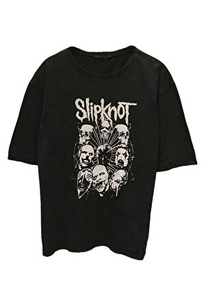 UNİSEX OVERSİZE YIKAMALI KUMAŞ ROCK MÜZİK SLİPKNOT BASKILI GRİ TİŞÖRT