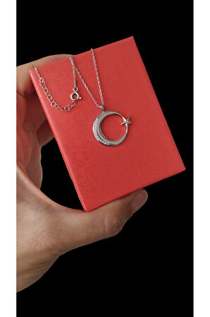 Modahilye 925 Ayar Gümüş Ay Yıldız Tasarım Kolye