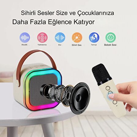 Rgb Işıkl Mikrofonlu Taşınabilir Bluetooth Hoparlör Kablosuz Karaoke Müzik Eğlence  KARAOKE Hoparlör KREM