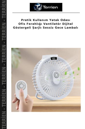 Pratik Kullanım Yatak Odası Ofis Ferahlığı Vantilatör Dijital Göstergeli Şarjlı Sessiz Gece Lambalı