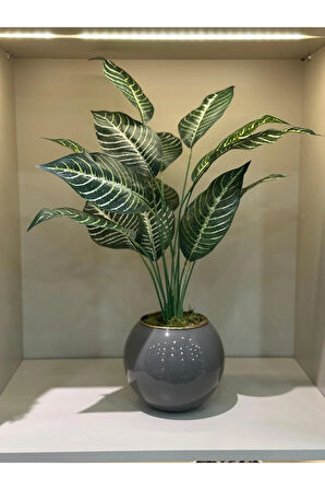 Yapay Bitkili Dekoratif Cam Vazo Gri