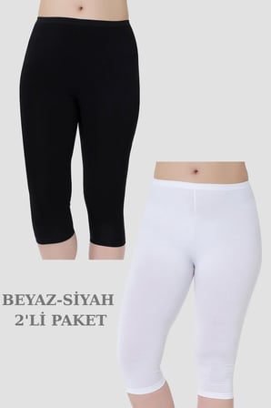 Özel Seri Ev Giyimi Esnek Giyim Kadın Diz Altı Kapri Boy Penye Tayt Beyaz - Siyah 2'li Paket