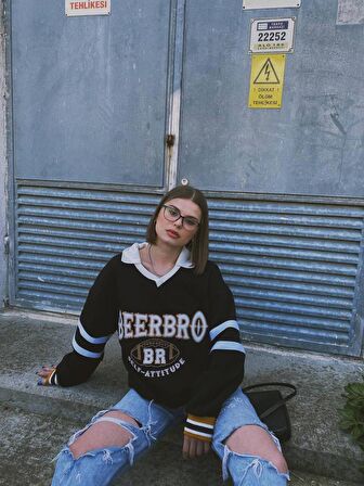 Sokak Tarzı SİYAH Beerbro Nakışlı Kabartma Sweatshirt