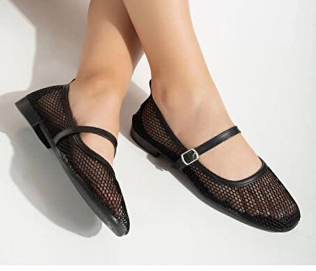 Modern Şık Fileli Esnek Güncel Trend Küt Burun Confort Babet